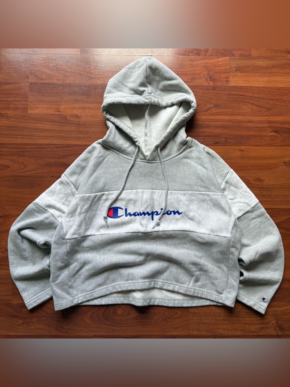 Women's Champion cropped hoodie Large reverse weave pullover gray white stripe